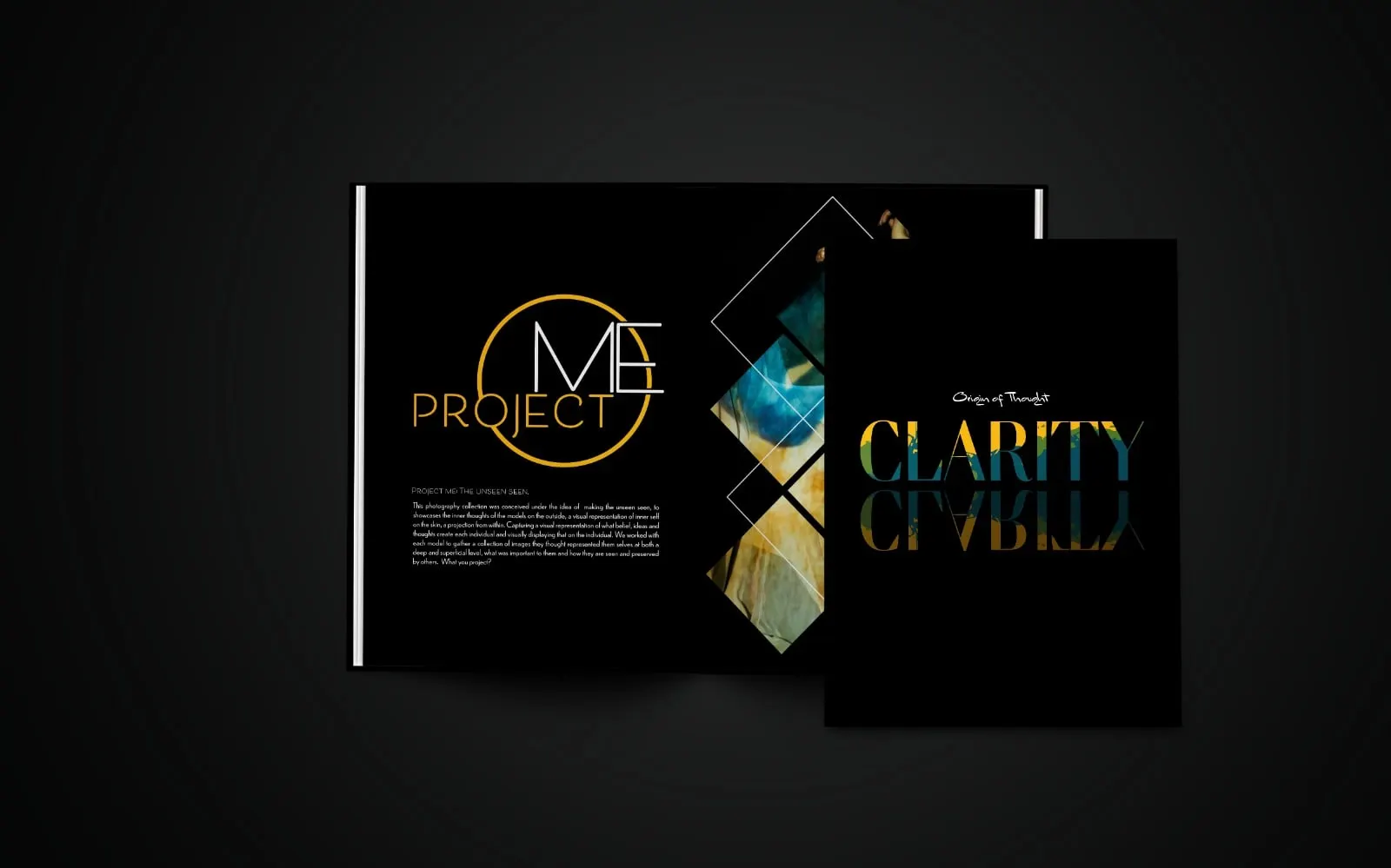 Clarity magazine covers and an inside spread on a black background