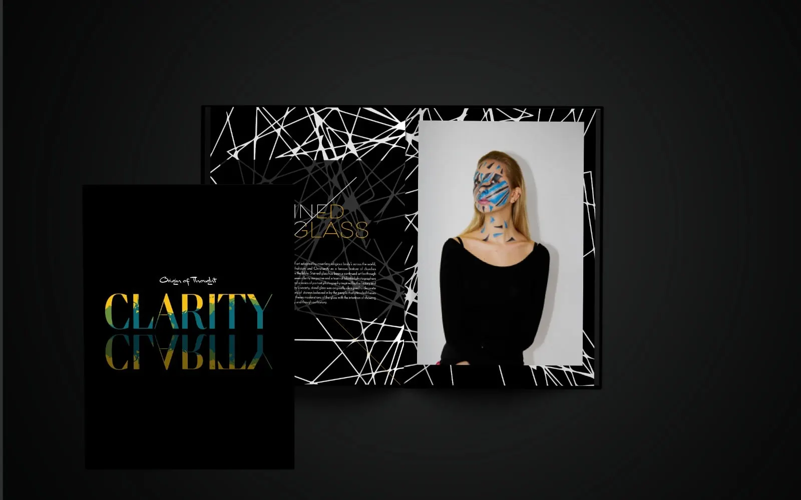 Clarity magazine feature spread with a portrait of a woman wearing a painted mask