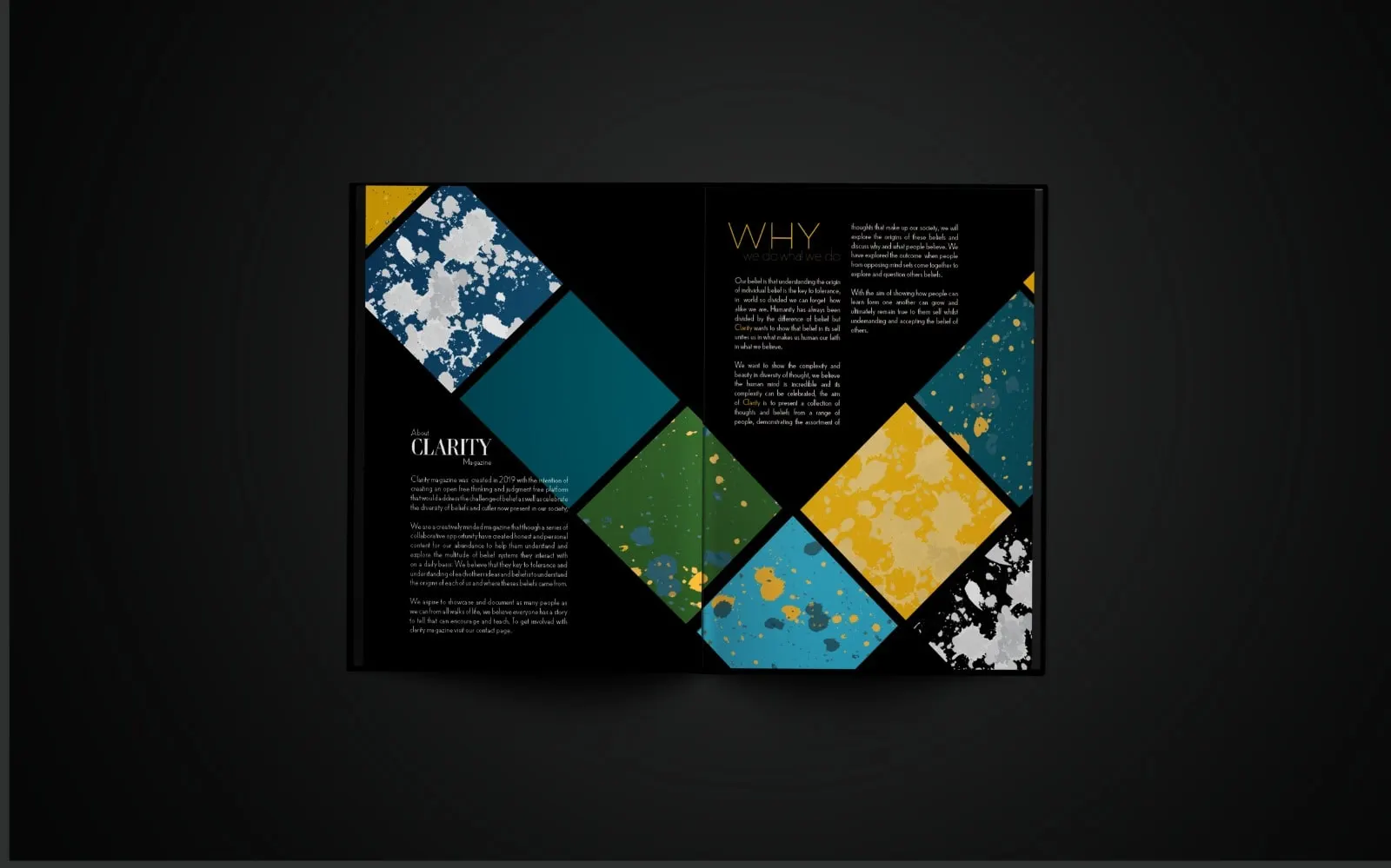 Clarity magazine inside spread with blue, green and gold paint-splash shapes