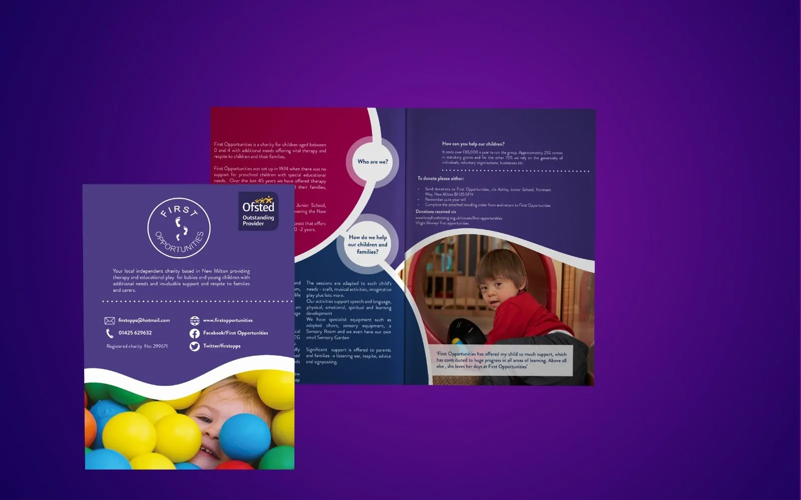 First Opportunities brochure, front cover and inside spread, on a purple background
