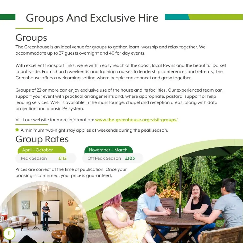 Greenhouse brochure, groups and exclusive hire