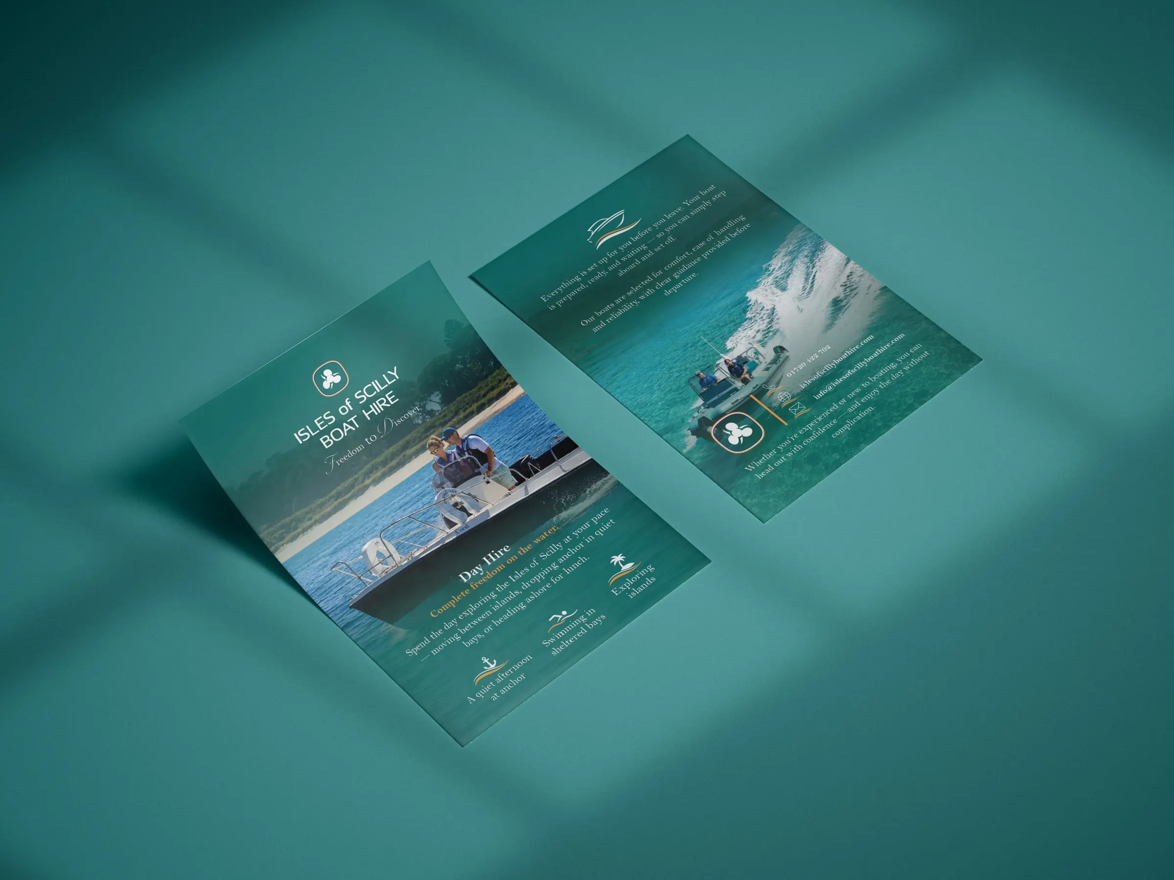 Two Isles of Scilly Boat Hire flyers on a teal background, one with a speedboat
