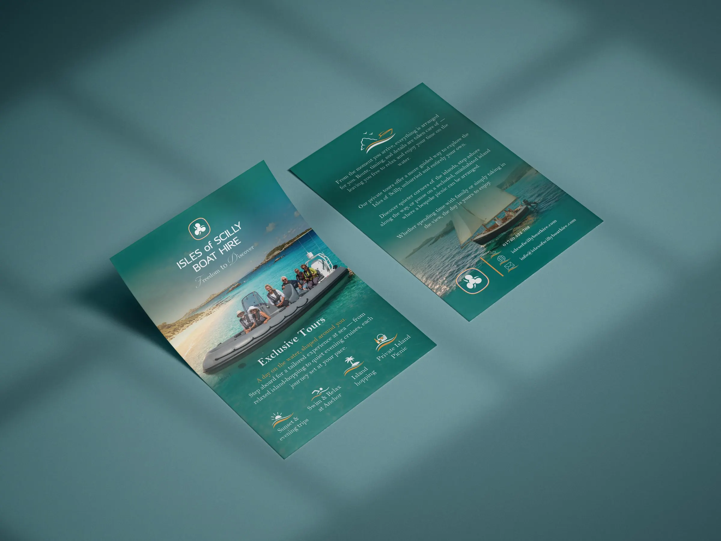 Two Isles of Scilly Boat Hire flyers on a teal background, one with a sailing boat