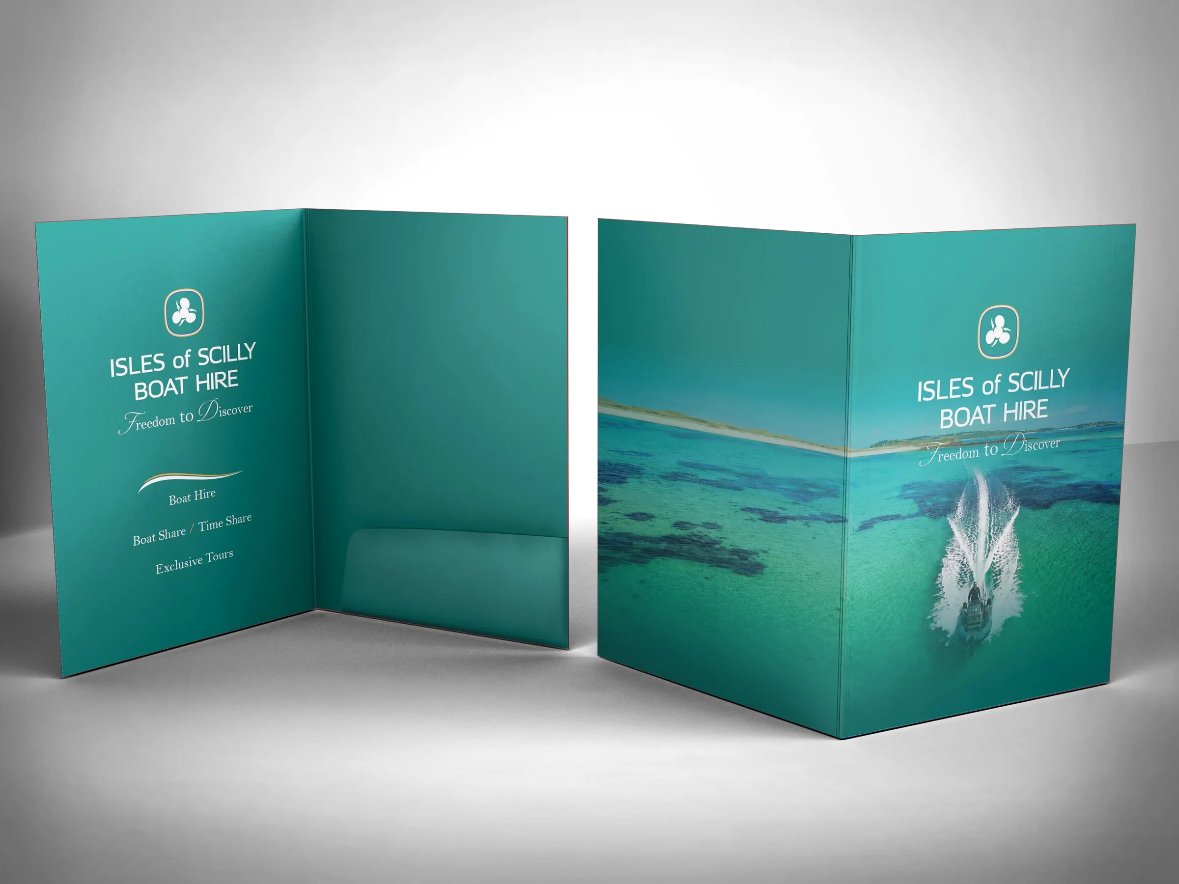Isles of Scilly Boat Hire presentation folder, open and closed, with a sea-green cover