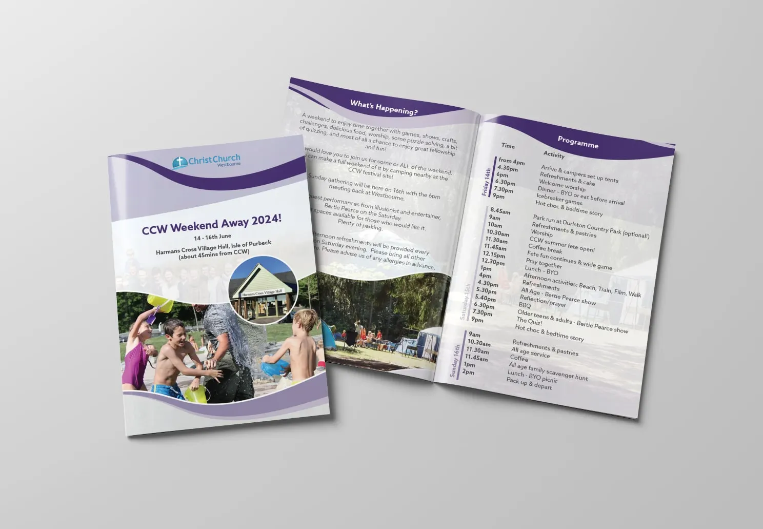 CCW Weekend Away 2024 programme booklet for Christ Church Westbourne, front cover and inside spread