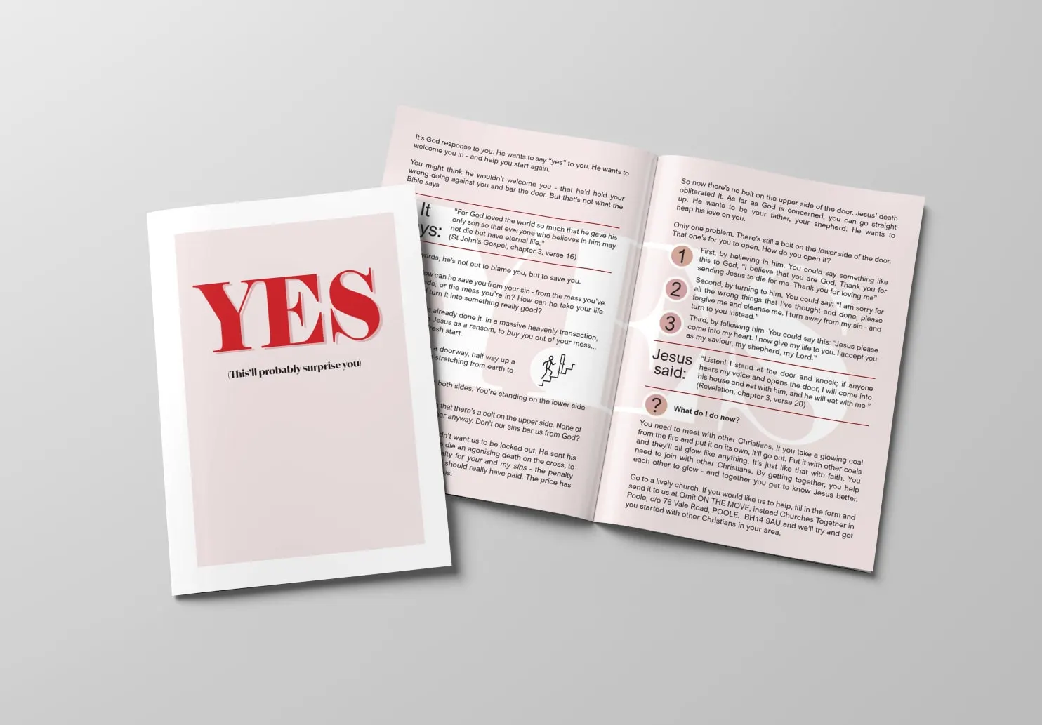 A booklet called YES, front cover and inside spread, in red and pink
