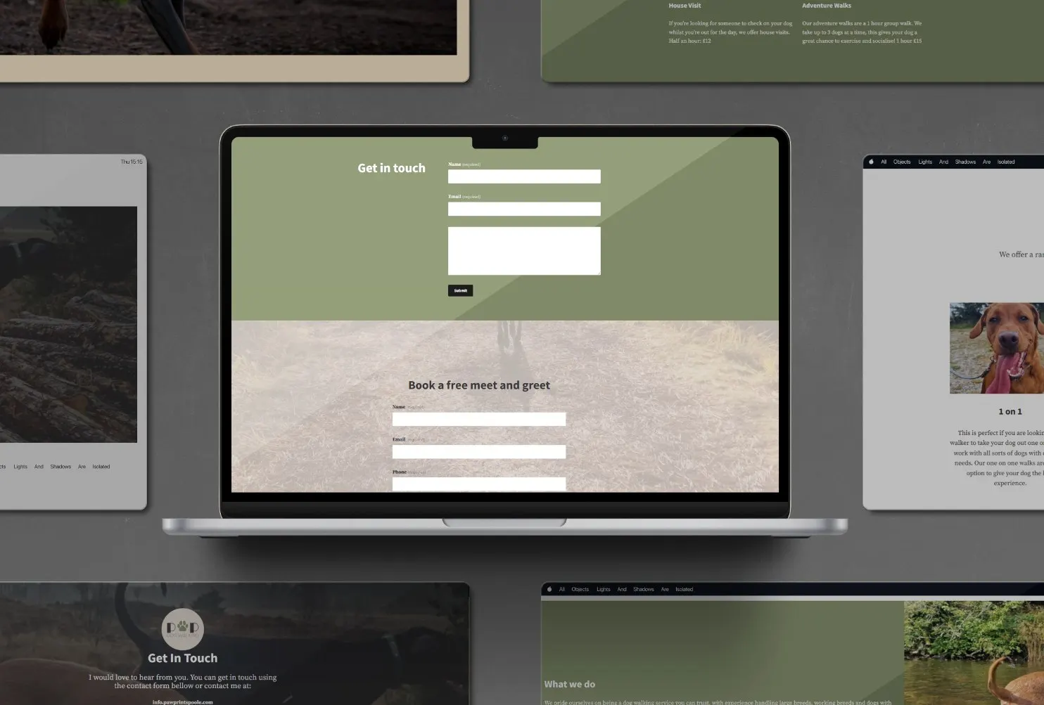 Paw Prints Poole contact page on a laptop