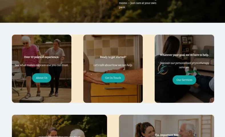 Vida Physiotherapy feature cards on desktop